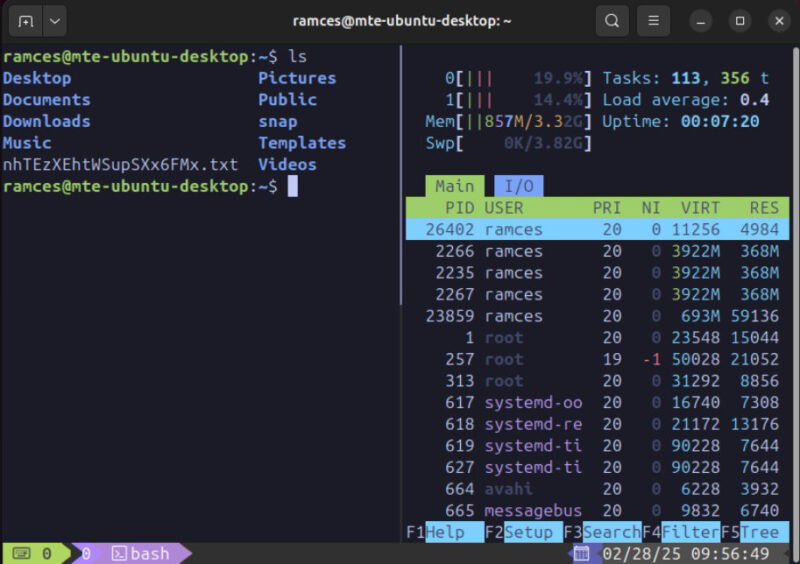 A terminal showing the subdued colors of Tmux-tokyo-night with a couple of terminal apps.