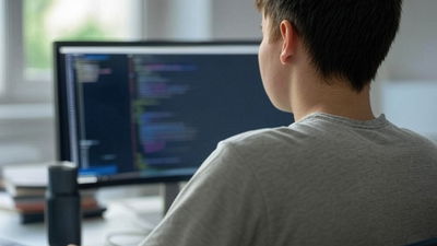 A picture showing a person working in front of a desktop computer.
