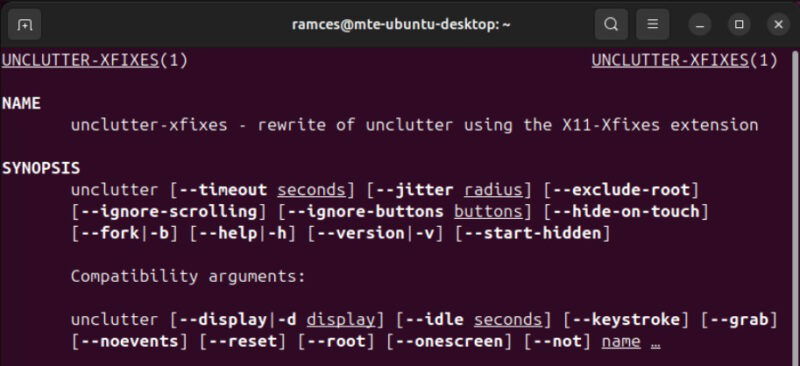 A terminal showing the man page for the Unclutter utility.