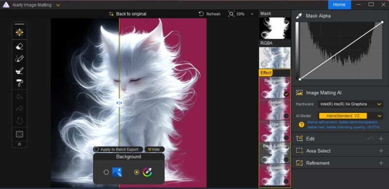 Adding a new background to a white cat image in Aiarty Image Matting.