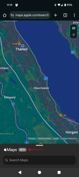 Apple Maps view in Chrome browser on Android.