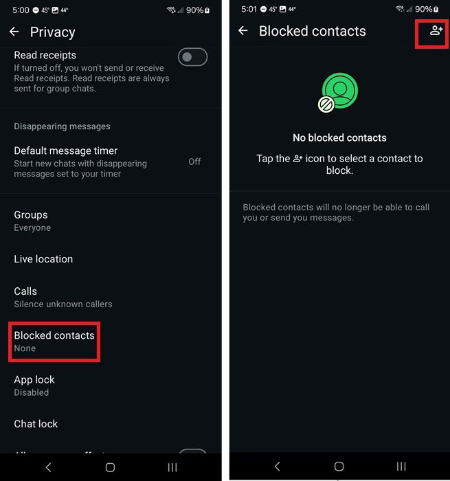 Block contacts in WhatsApp