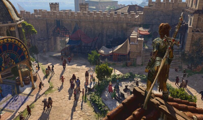 An image of the open-world game Baldur's Gate 3, showing a medieval castle with plenty of people roaming around in it.