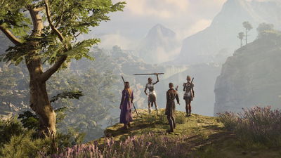 A screenshot from the open-world game Baldur's Gate 3. It shows four humanoid creatures standing atop a green hill, overlooking a landscape.