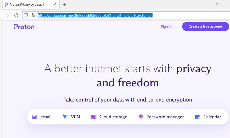 Proton (formerly ProtonMail) visible in its Onion link. 