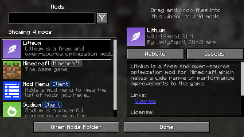 A screenshot showing the details of the Lithium mod in the game's mod menu.
