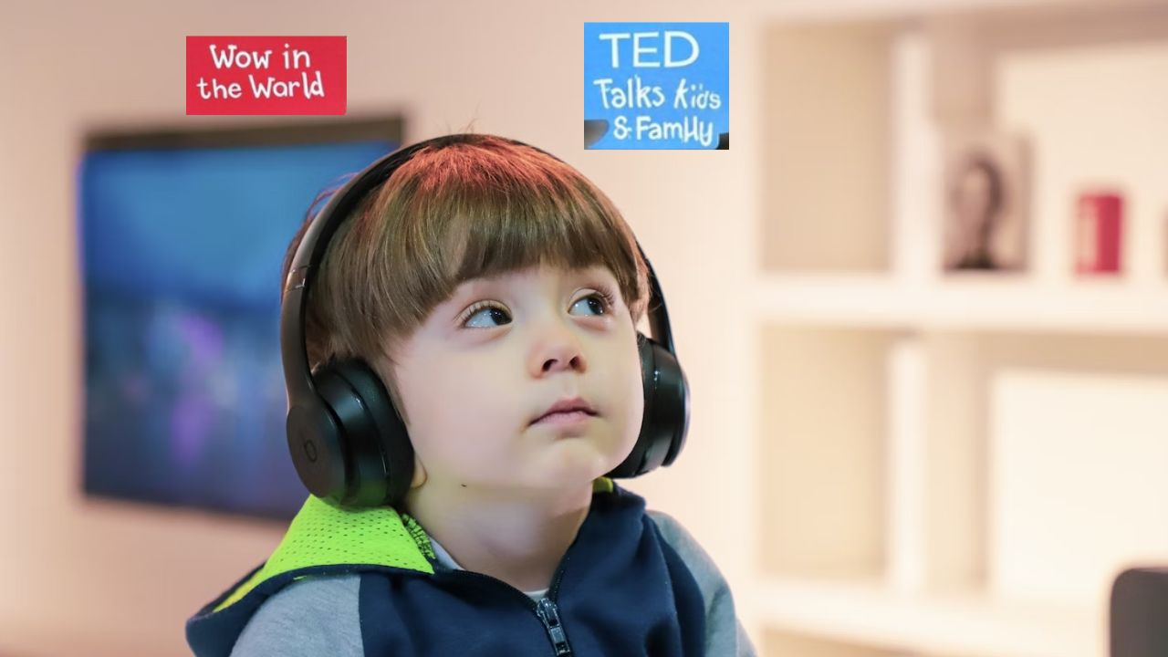 A Kid listening to podcast with earphones