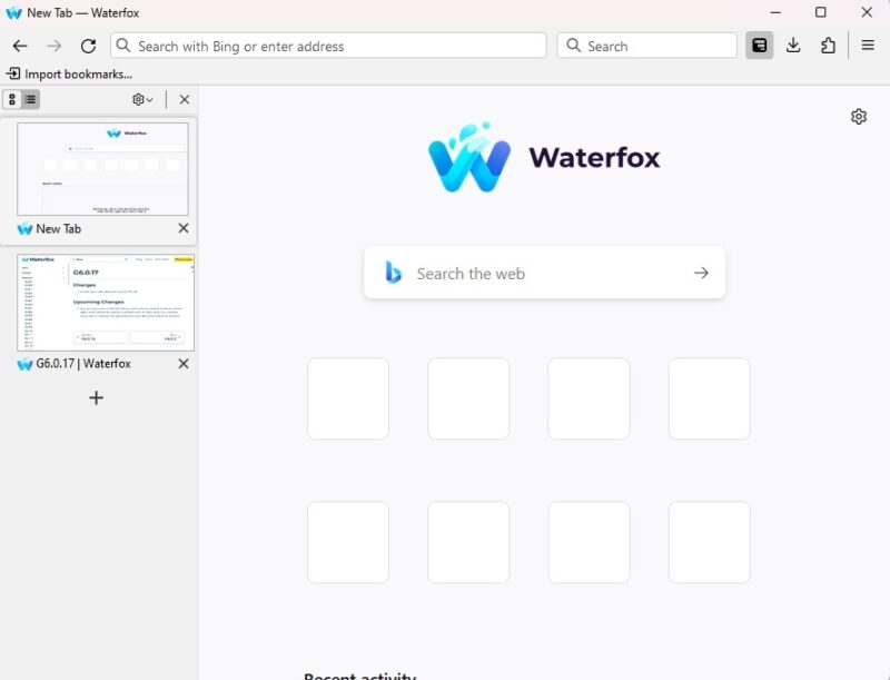Start page of the Waterfox browser.