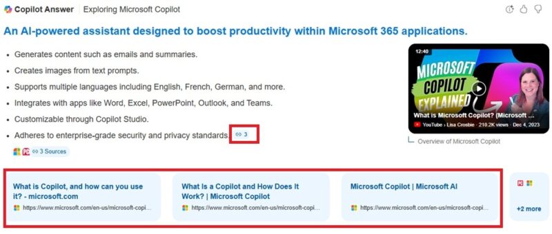 Viewing sources in Copilot Search.
