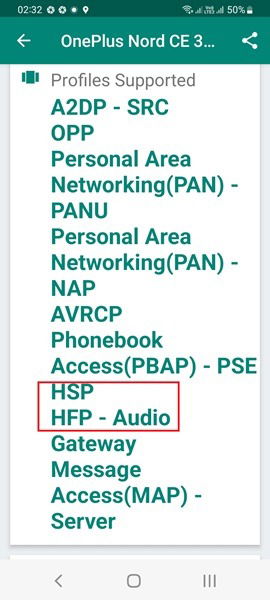 Headset Profile (HSP) and Hands-free Profile (HFP) visible on Bluetooth Devices Info app for a random connected device.