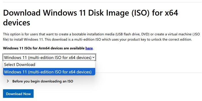 Download the Windows 11 ISO for x64 devices from official Microsoft source.