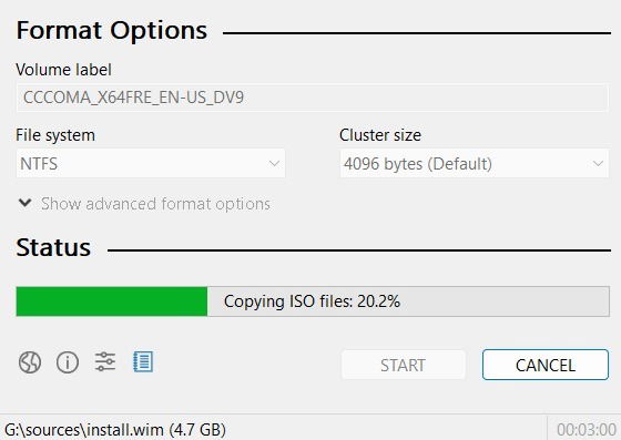 Windows 11 ISO files being copied in Rufus and the status being live monitored.