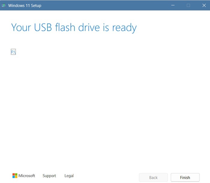 "USB flash drive is ready" status acquired for Windows 11 Media Creation Tool.