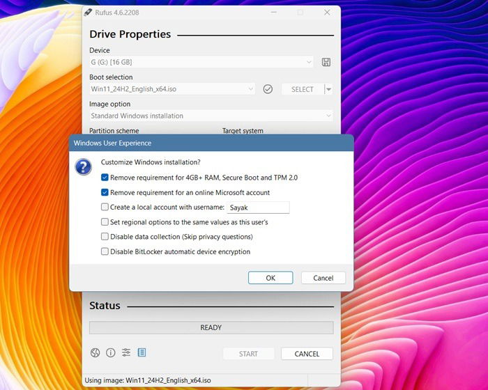 Customized Windows 11 installation using Rufus.