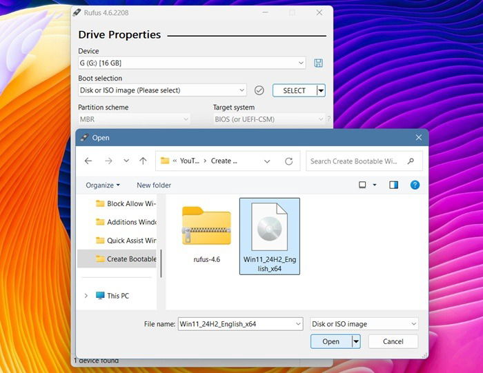 Insert Windows 11 ISO in Rufus for G drive by clicking "Select.."