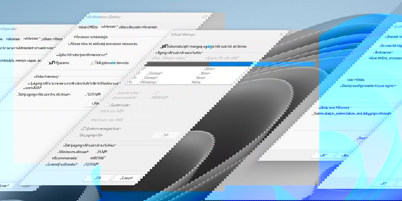Windows 11 desktop screenshot showing virtual memory and pagefile settings