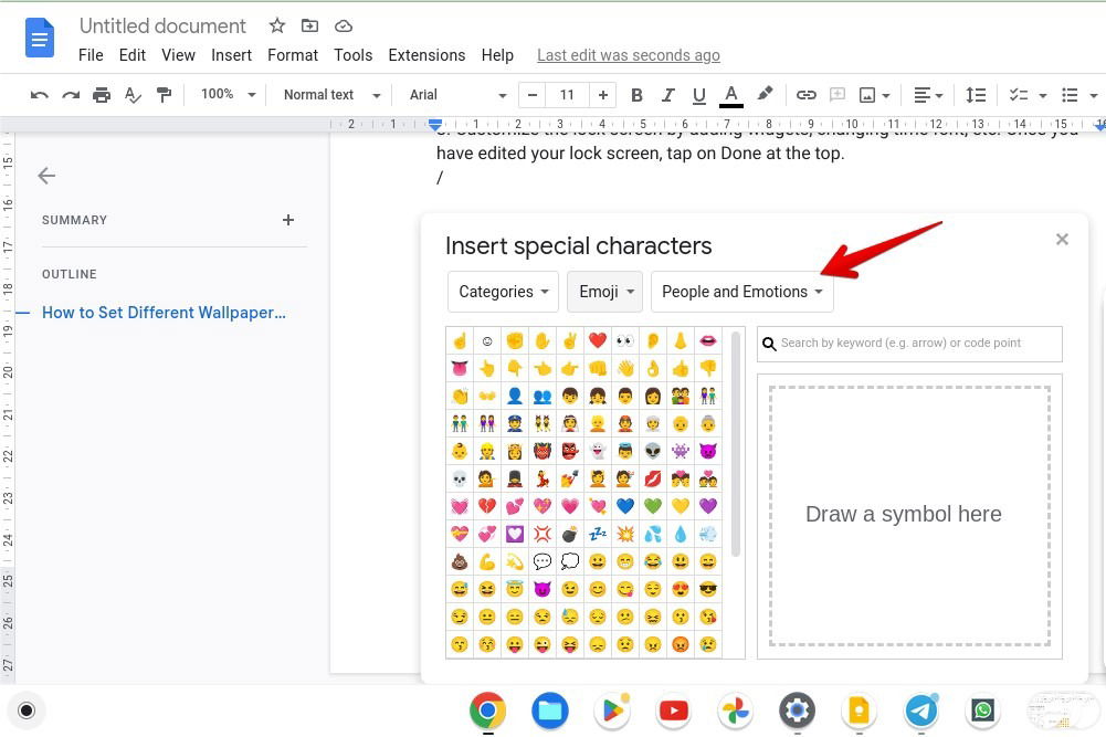 Selecting emoji category in Google Docs.