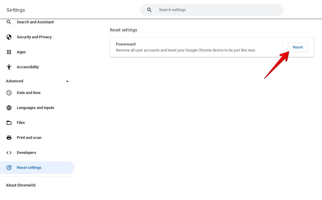 Access the "Reset" Chroembook option.
