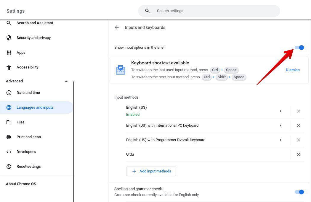 Enabling "Keyboard shortcut available" option on Chromebook. 