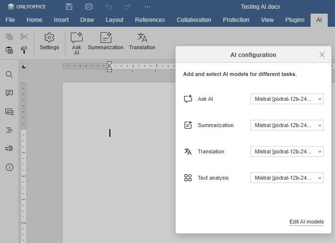 Setting up the ONLYOFFICE AI plugin configuration.