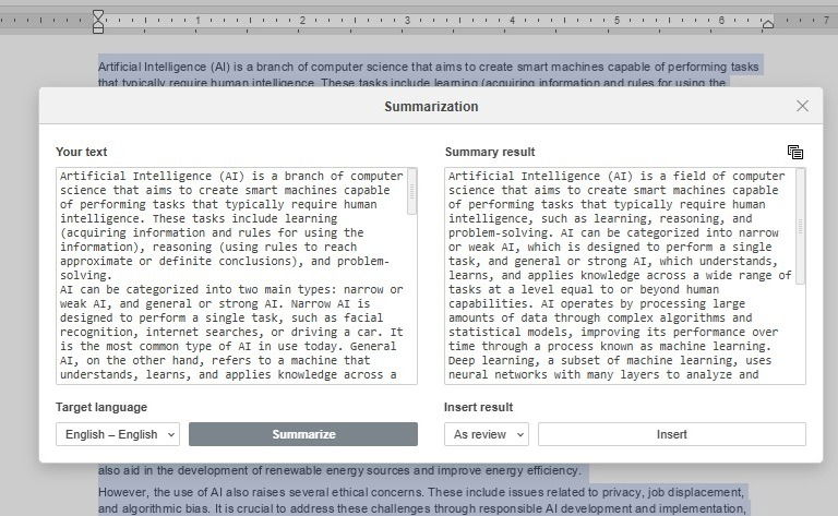 Summarizing text using ONLYOFFICE AI plugin.