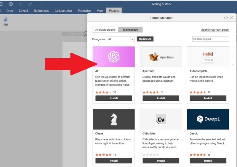 Installing the ONLYOFFICE AI plugin.