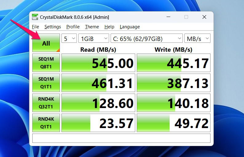 Crystaldiskmark showing results for different data sets