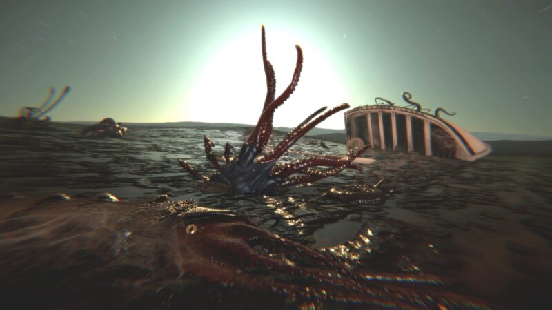 A screenshot from the cosmic horror game Dagon, showing tentacled creatures emerging from the ocean water.