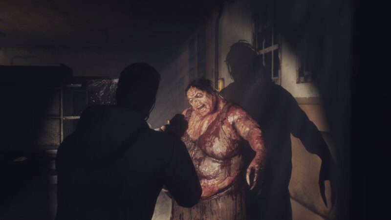 A screenshot from the game Dead Frontier 2, showing the player in third-person view, aiming at a bloodied, bloated humanoid monster.