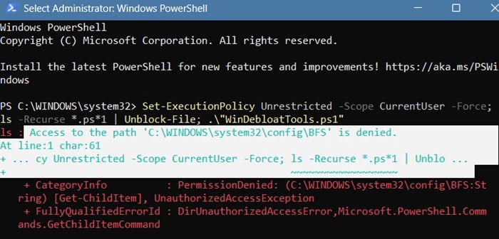 "Access denied" error while running a debloat script in PowerShell.