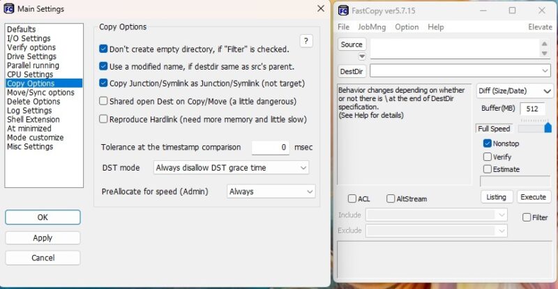 Setting up FastCopy to copy files quickly.