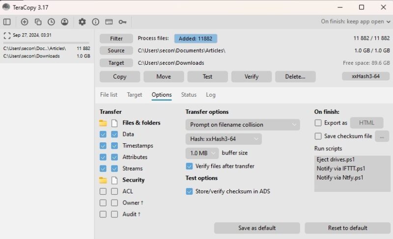 Setting copy option in TeraCopy.