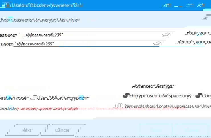 Enter and confirm your password in HasLeo encryption software.