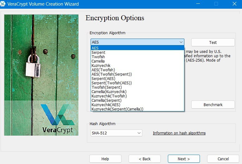 Select Encryption Options in VeraCrypt.