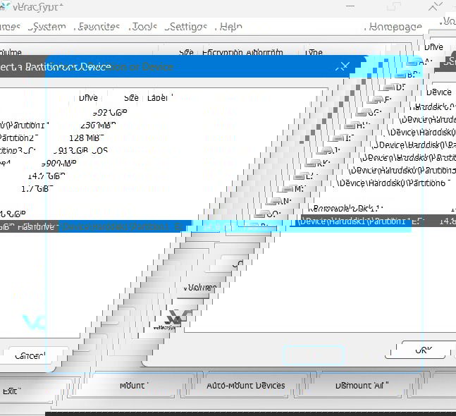 Select partition or drive in VeraCrypt Select Device option. 