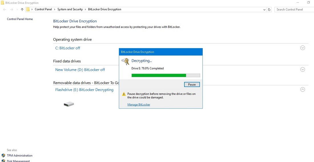 BitLocker decryption ongoing for USB drive.