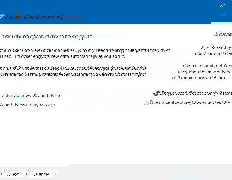 Select how much of the USB drive is to be encrypted in BitLocker Drive Encryption. 