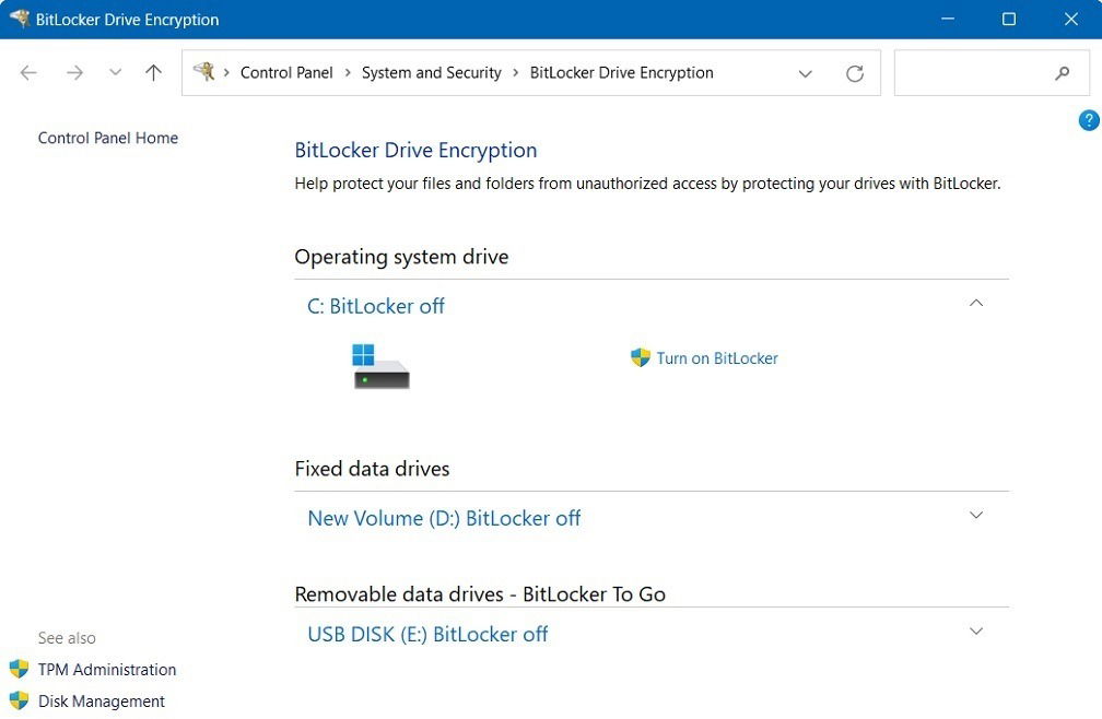 Turn on Bitlocker option in BitLocker Drive Encryption menu of Control Panel