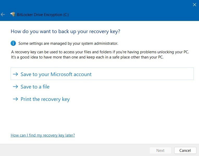 Set up recovery key to unlock PC in BitLocker Drive Encryption for Windows 11. 