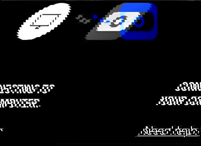 An iPhone screenshot of the EpocCam app, waiting to connect to the user's computer.