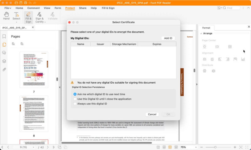 Foxit Reader Certificate Selection