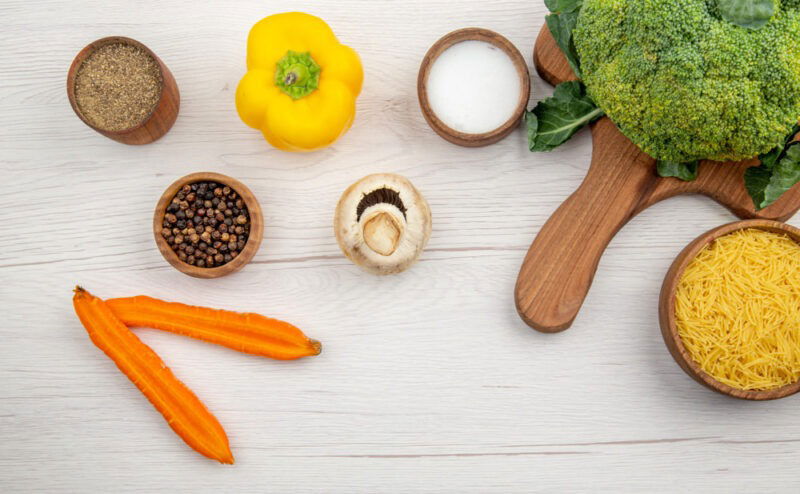 a bunch of food items on table