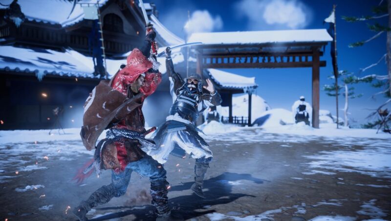 A screenshot from the open-world action-adventure game Ghost of Tsushima. It shows two swordsmen fighting in an icy environment, where one is wearing red clothes, and the other is wearing black and white metal armor. 