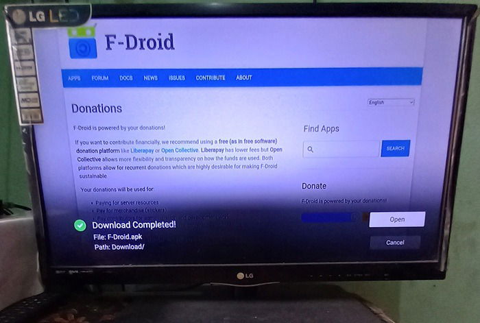 Downloading F-Droid's APK on an Android smart television.