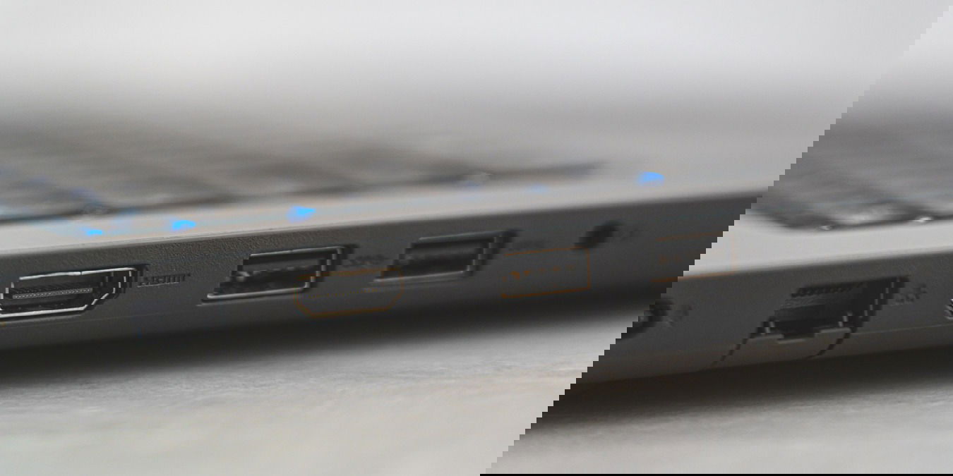 A close up picture of the ethernet, usb, and HDMI port on a laptop
