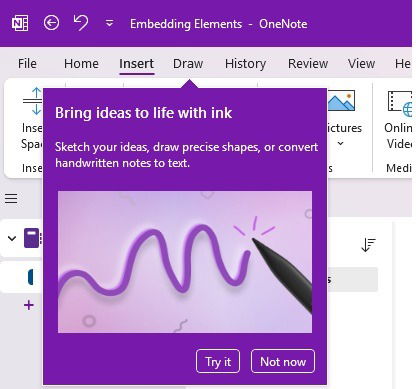 Prompt to use digital ink in OneNote.
