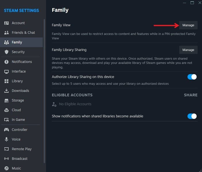 Clicking Manage button for Family View option in Steam client for desktop.