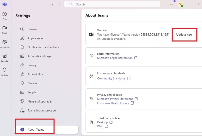 Updating Teams via the About Teams menu.