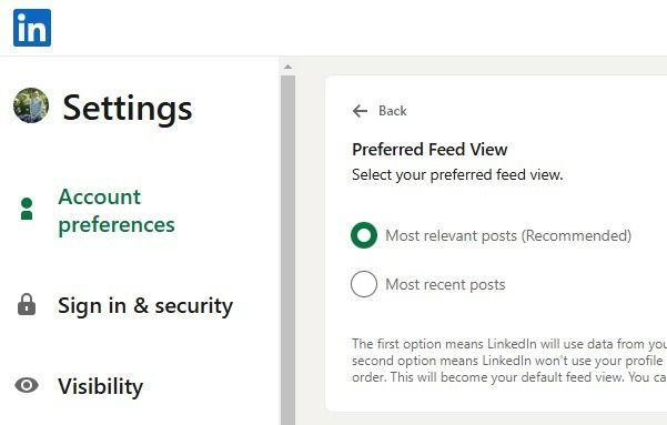 Changing the feed view on LinkedIn.