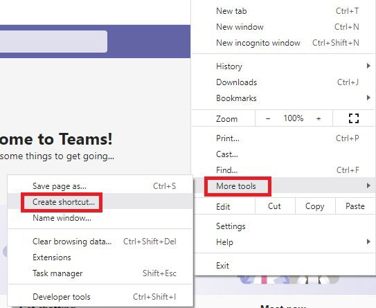 Adding a shortcut to Teams in the Chrome browser.